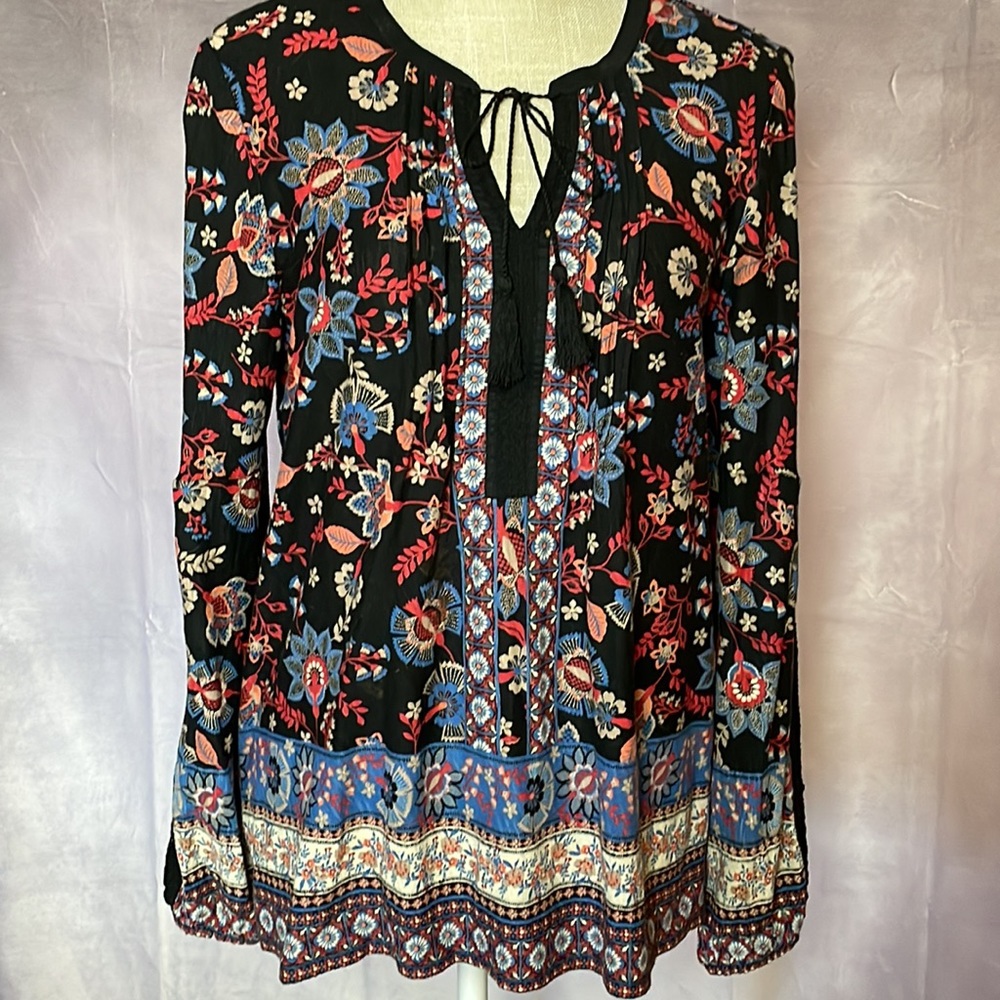 VINTAGE AMERICA FLORAL PRINT SHIRT/TUNIC  TIE FRONT BOHO/PEASANT LACE SIZED M